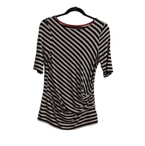 TAHARI Black and White Striped Elbow Sleeve Pullover Pleated Top